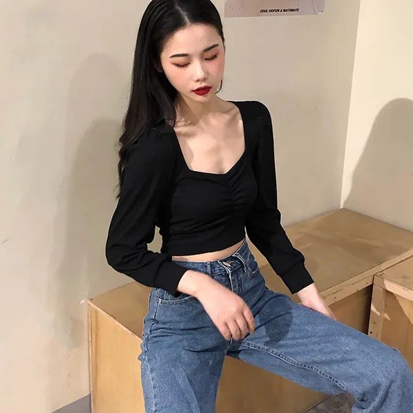 Korean Long Sleeve Crop Top Blouse Wanita Lengan Panjang 1186 (S-XL)