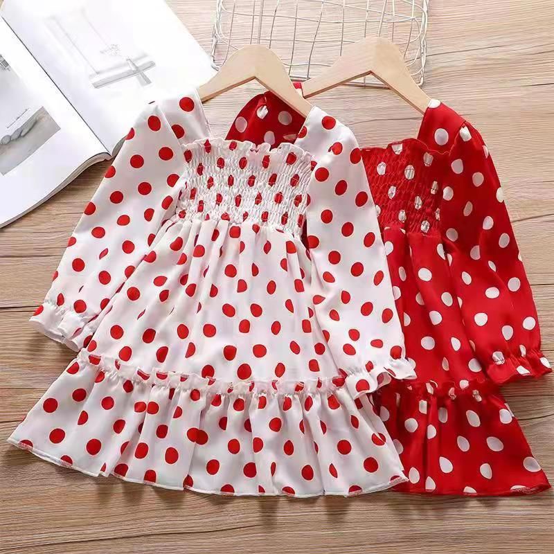 Dress Merah Putih Anak Import Polkadot Smoke Lengan Panjang
