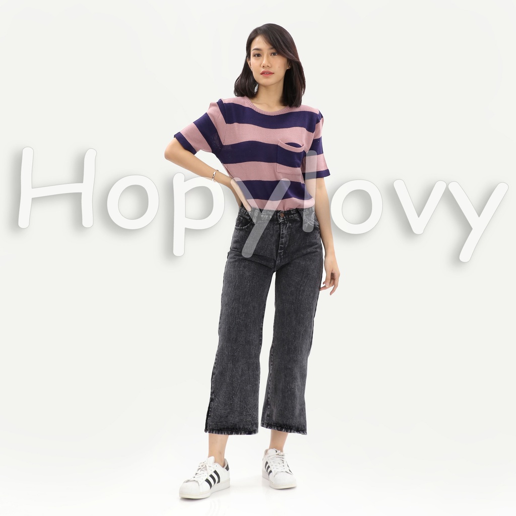 HOPYLOVY Celana Kulot Jeans Boyfriend Jeans Wanita Side Slit Wineta