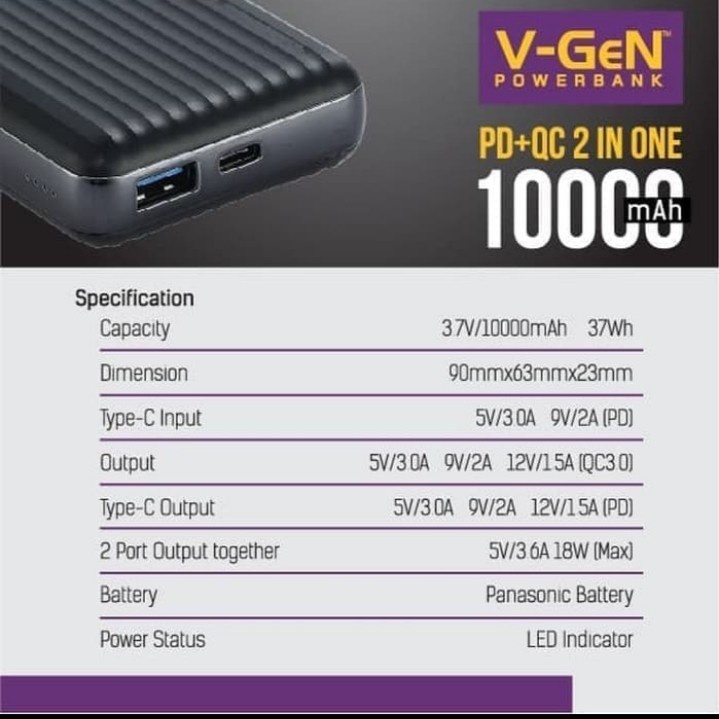 PowerBank Portable V-GEN 10000Mah FastCharging 3.6A 18W Mini Type C