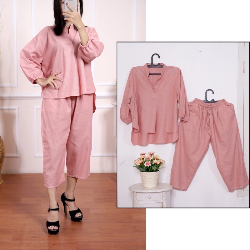 Setelan kulot setelan Wanita Atasan+Celana Kekinian Lucia Set Linen Premium  One Set Terbaru All Size kulot trendy