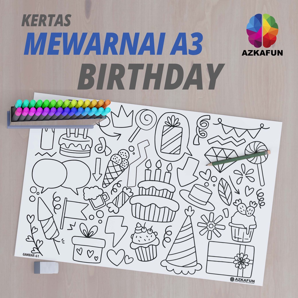 

Kertas Mewarnai A3 BIRTHDAY - Mewarnai ulang tahun - milad
