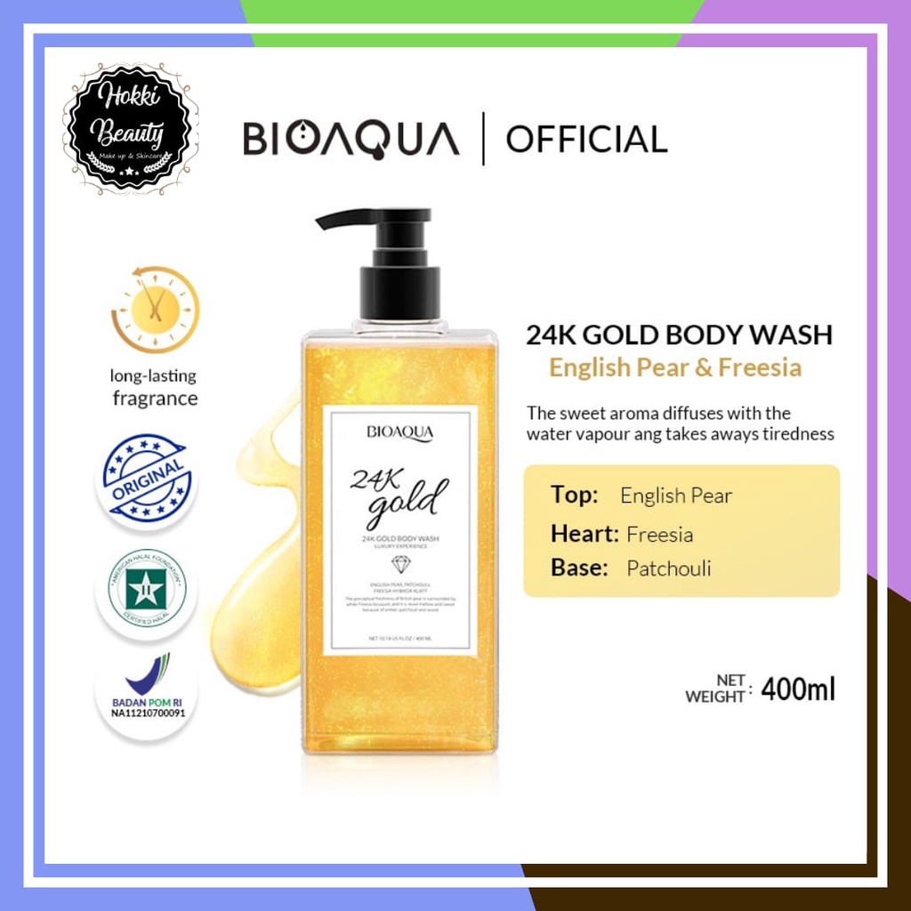 BIOAQUA 24K Gold Body Wash 400ml, GALAXY PINK, GRASS GREEN, NEBULAS BLUE Shower Gel English Pear &amp; Freesia scent Sabun Mandi Cair Sabun Kecantikan Long lasting