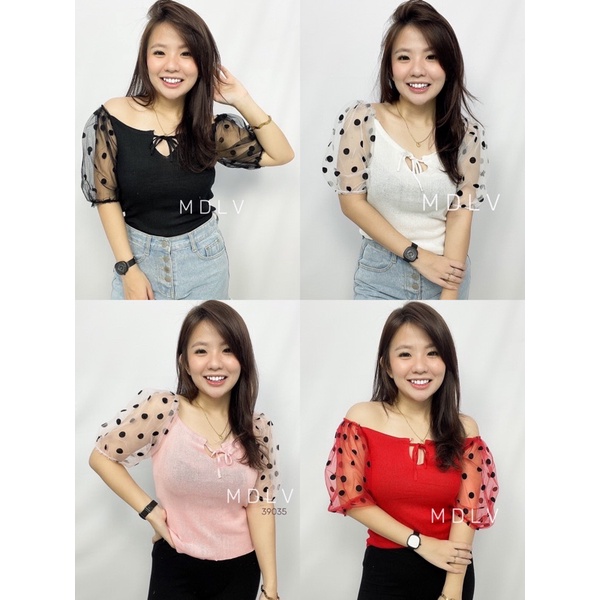 MDLV ~ 39035 KNIT TOP KOREA ATASAN SABRINA RAJUT BLOUSE RAJUT SABRINA PUFF FASHION IMPORT