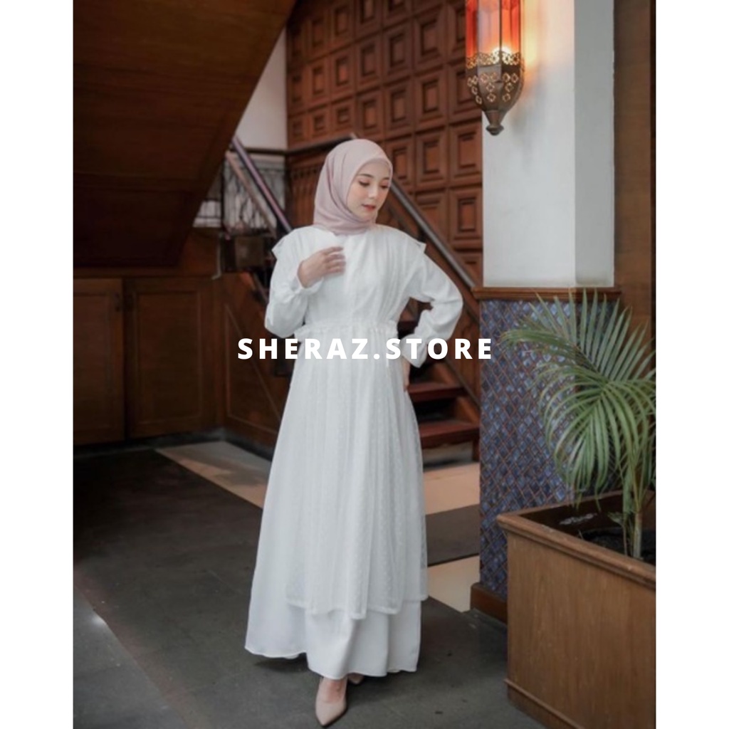 Gamis Set Tile Putih Terbaru Jumbo Ld 120 130 140 VIOLITA WHITE S M L XL XXL 3XL 5L Gamis Kondangan Wanita Kekinian