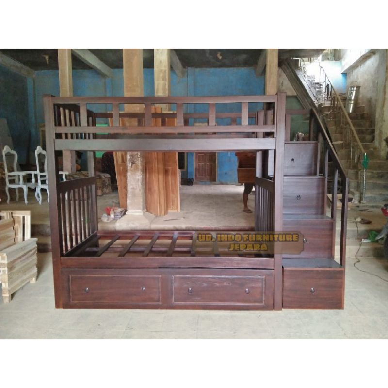 dipan tingkat besar laci tempat tidur anak minimalis furnitur kayu jati jepara