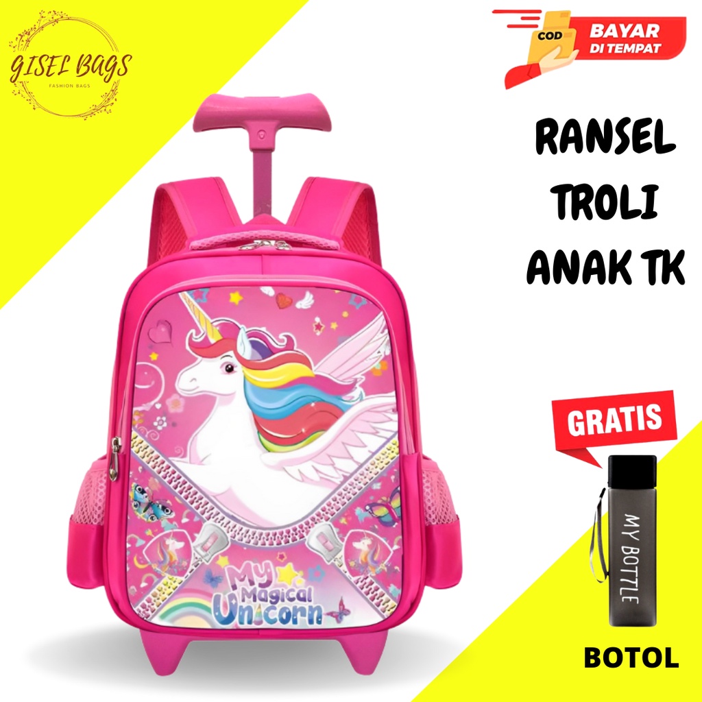 GB-Tas ransel troli anak perempuan TK tas ransel troli anak karakter timbul dan lucu tas ransel troli anak cewe import