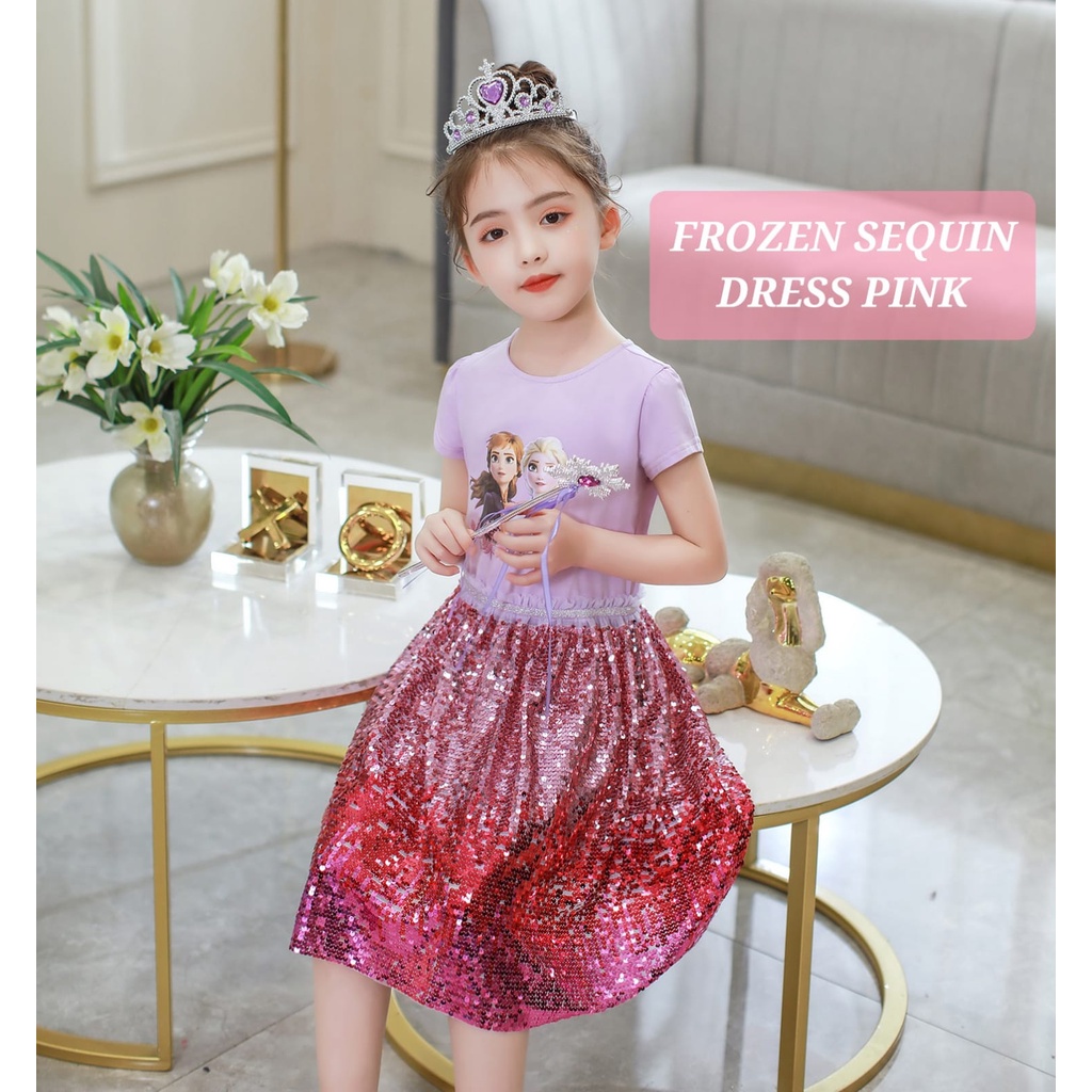 BAJUKIDDIE FROZEN SEQUIN DRESS PINK BAJU ELSA ANNA CASUAL KOREA IMPORT GAUN SANTAI DAILY