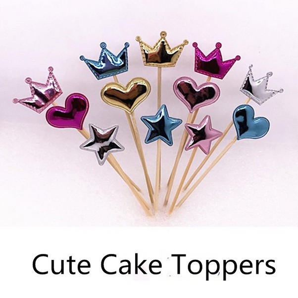 10pcs Topper Kue Bentuk Mahkota / Hati / Bintang Untuk Ulang Tahun / Baby Shower