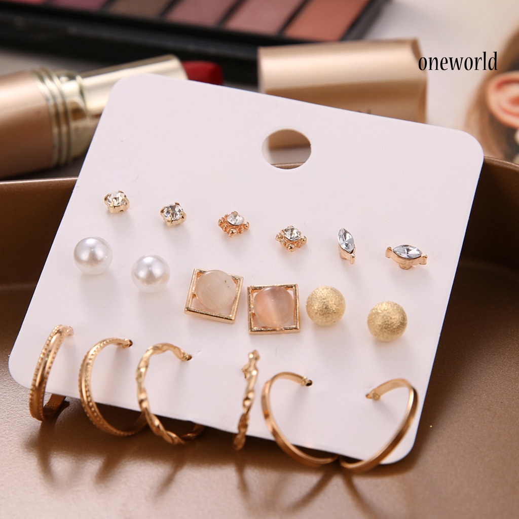 OW# 9 Pairs Women Faux Pearl Shiny Rhinestone Geometrical Ear Stud Earring Jewelry Accessory