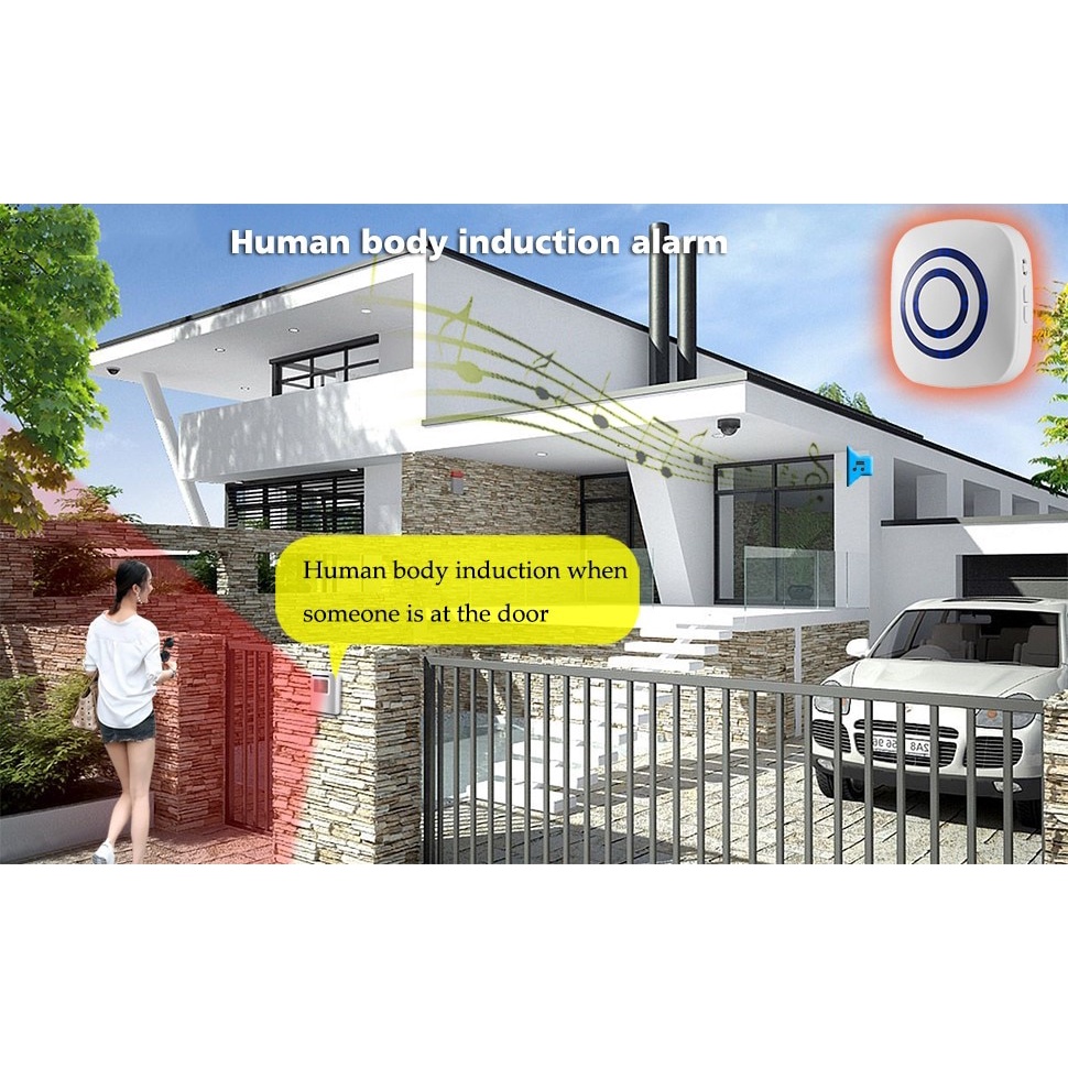 Bel Pintu Nirkabel PIR Sensor Inframerah Detektor Gerak Masuk Bel Pintu Alarm W/Receiver &amp; Transmitter EU Plug 38 Lagu Berbeda