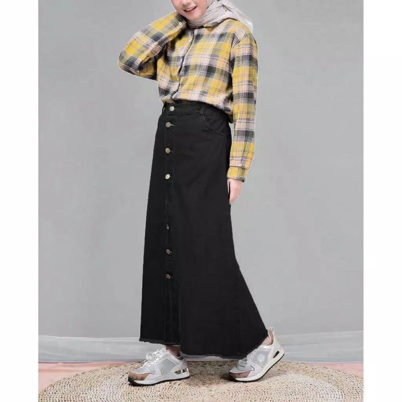 Rok Panjang Kancing Jeans Span Rok button Maxi skirt Denim Rok Jins Wanita Cewek murah