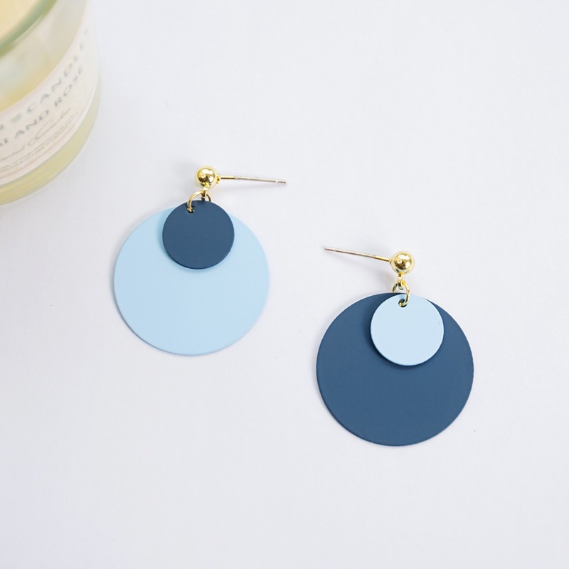 Anting stud Bentuk Bulat Persegi Warna Biru Bahan metal Gaya Korea