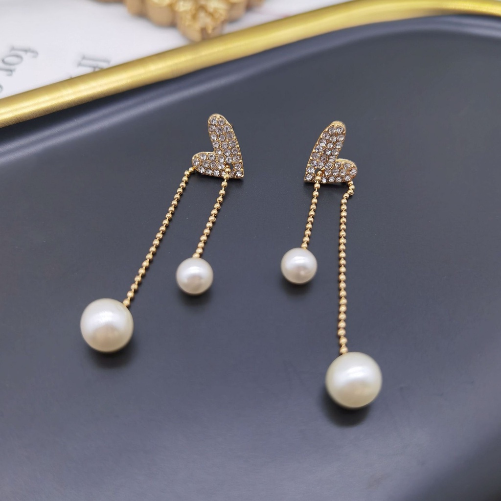 Anting Gantung Panjang Model Hati Dengan Rumbai Mutiara Bahan Silver 925