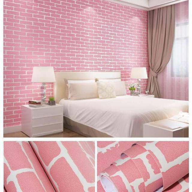  Wallpaper  Dinding  Motif Bata  Pink  Tua List Putih 10m x 