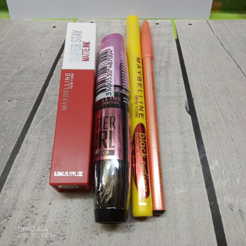 [4in1] Maskara+Eyeliner+Lipgloss+Pensil Alis // Paket Make Up Maybelline