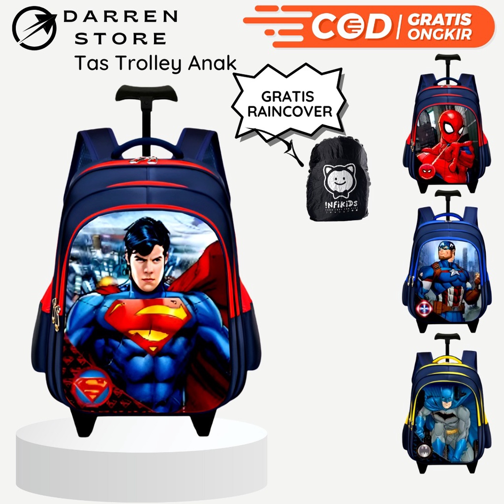 Tas Troli Anak Sekolah SD Laki Laki import 1925 Tas Dorong Superhero Ransel Trolly SD Timbul