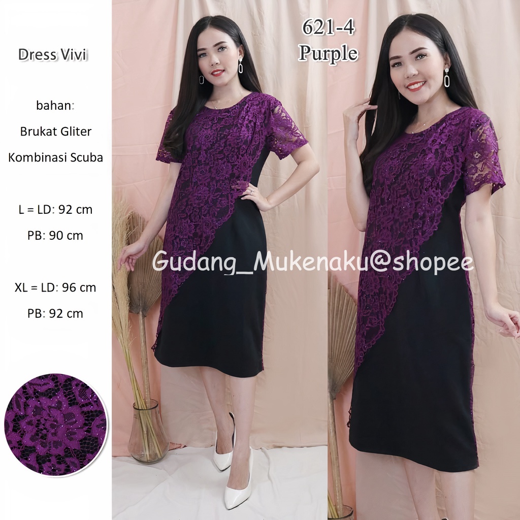 gudang_mukenaku Dress Vivi Bahan Brukat Gliter Kombinasi Scuba Pakaian Fashion Wanita Dewasa Terbaru Premium COD bisa bayar di tujuan