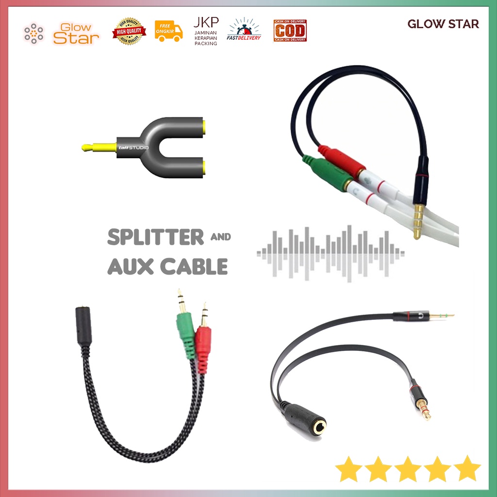 Splitter Pemisah Audio Cable 3.5mm Male to 3.5mm, Kabel AUX Audio 3.5mm Female Headphone &amp; Mic