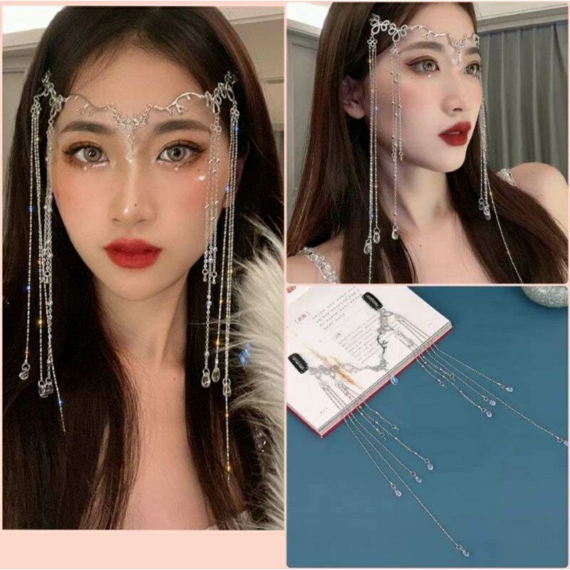 BIN-01 Hiasan dahi bindi headpiece bindi rumbai peri fairy crown silver gaya pengantin india