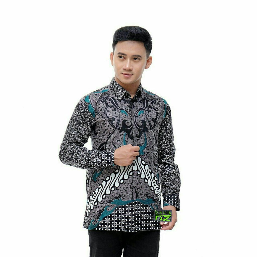 Batik Pria Lengan Panjang BATIK AZMIL HRB026 motif KERATONAN Kode 002 size M L XL XXL Reguler-a abu