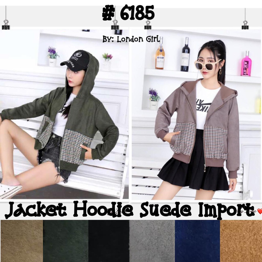 Jaket Hoodie Import Wanita Suede Lengan Panjang #6185/ Woman Long Sleeved Import Suede Hoodie Jacket