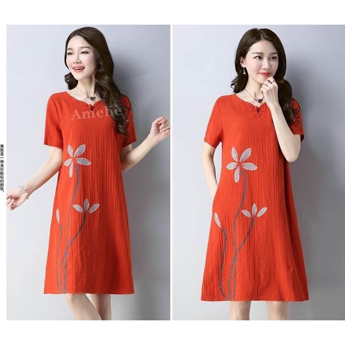 Baju Mini Dress Katun Casual Wanita Korea Import AB535015 Orange Blue