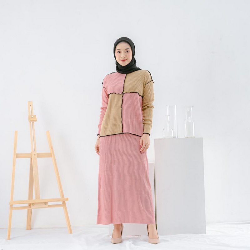 SETELAN ROK ONE SET RAJUT KNIT TERBALIK MODEL MUSLIM PANJANG
