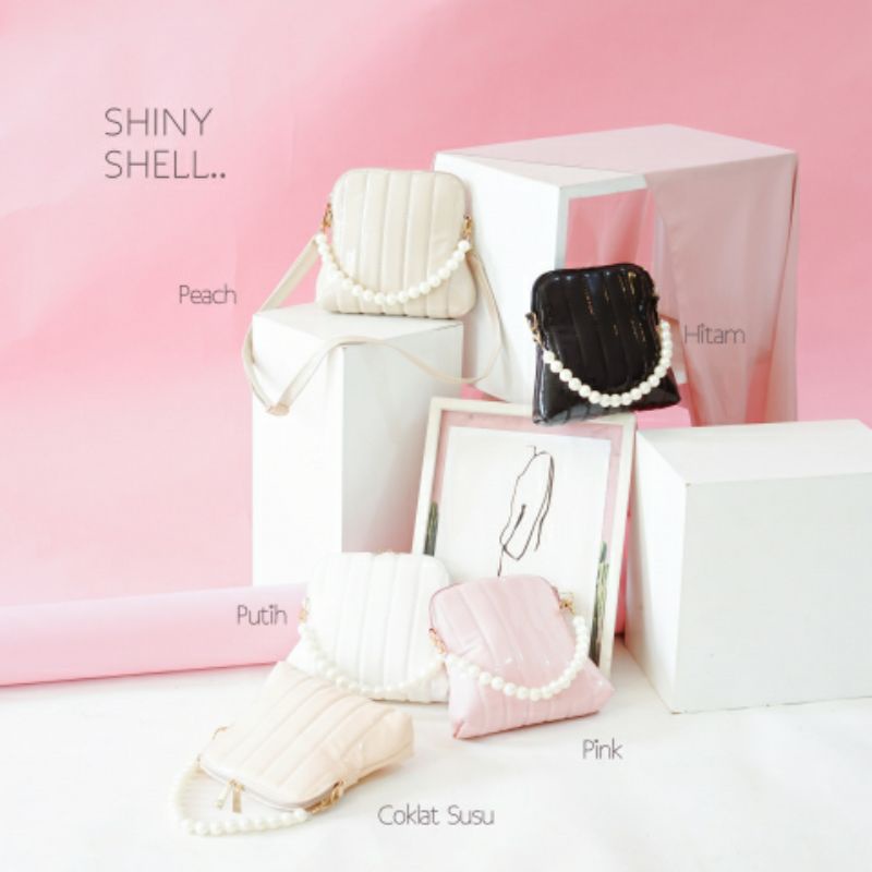 Tas Selempang Wanita Cewek Sling Bag Shiny Shell Top Handle Bag Leather Strap Tali Mutiara