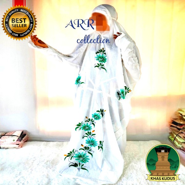 Mukena Terusan Rayon Putih Motif Lukis Bunga  Dewasa Remaja Santri Terbaru