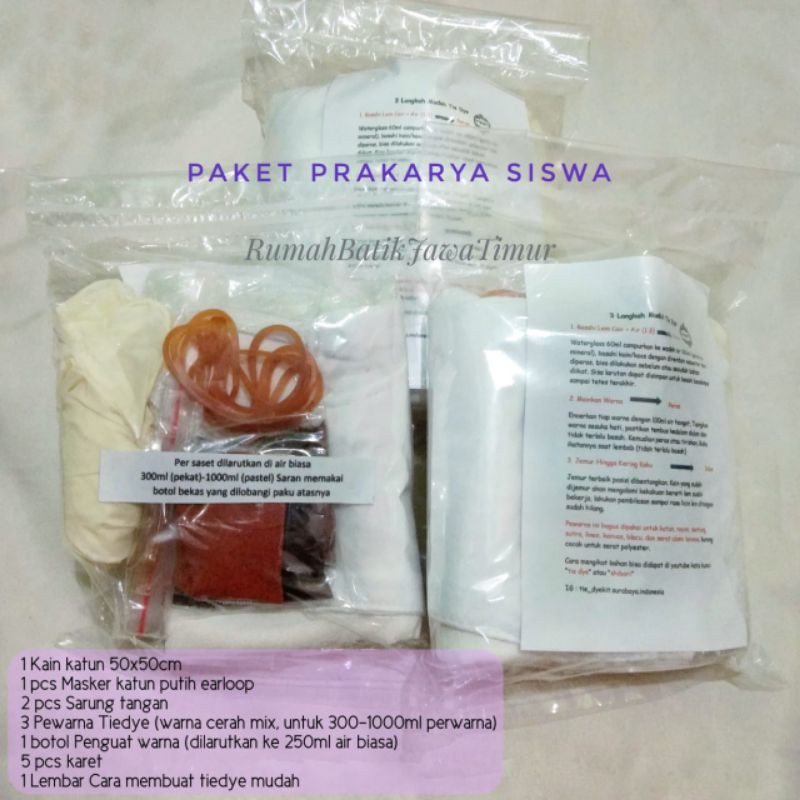 Paket  shibori tie dye masker 2ply + Scraf 50*50cm 3 warna Prakarya anak sekolah