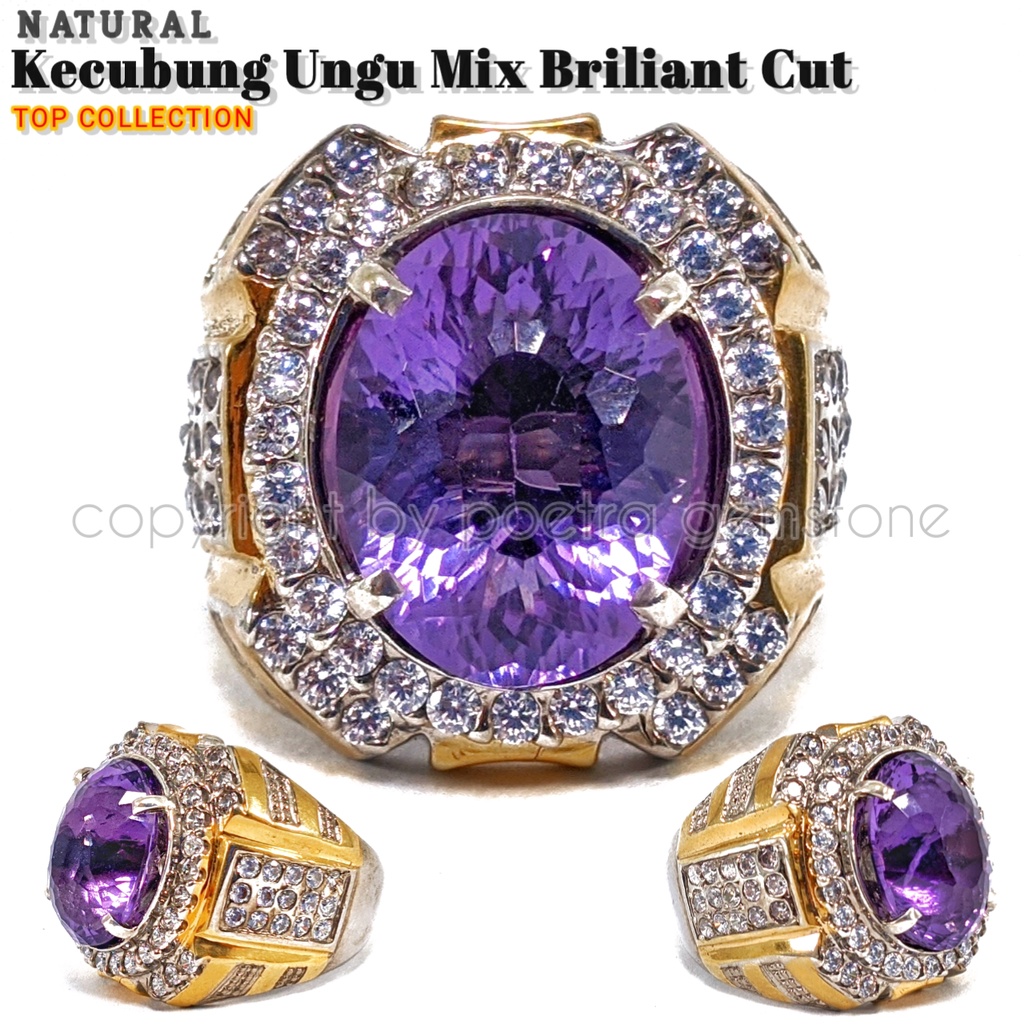 Natural Kecubung Ungu Amethyst Bodyglass Mix Briliant Cut Ring Perak