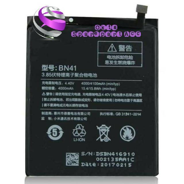 Baterai BN41 BN 41 Xiaomi Redmi Note 4 Mediatek Original 100%