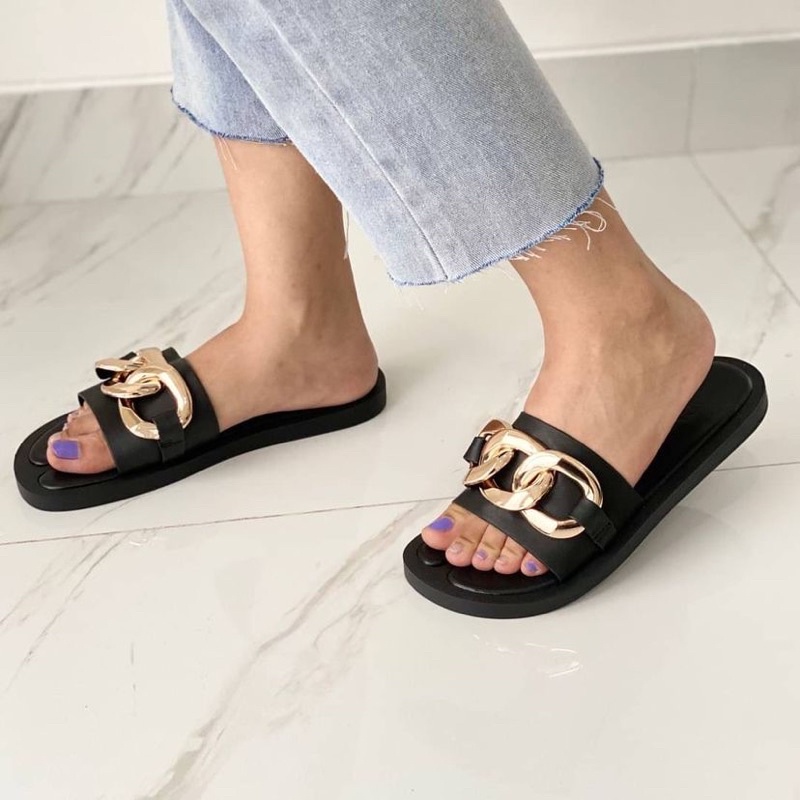Sandal Flats Zara Rantai Emas Chain premium import