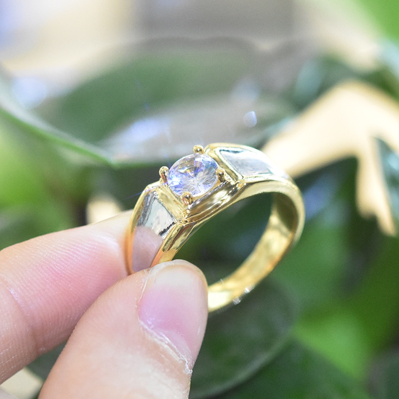 Goldkingdom Perhiasan Fashion Emas Asli Kadar 375 Bangkok Aksesoris Ready Stock Berlapis Emas Mosson Berlian Two-tone Cincin Sederhana Zirkon Sejati Cincin Pertunangan Laki-Laki