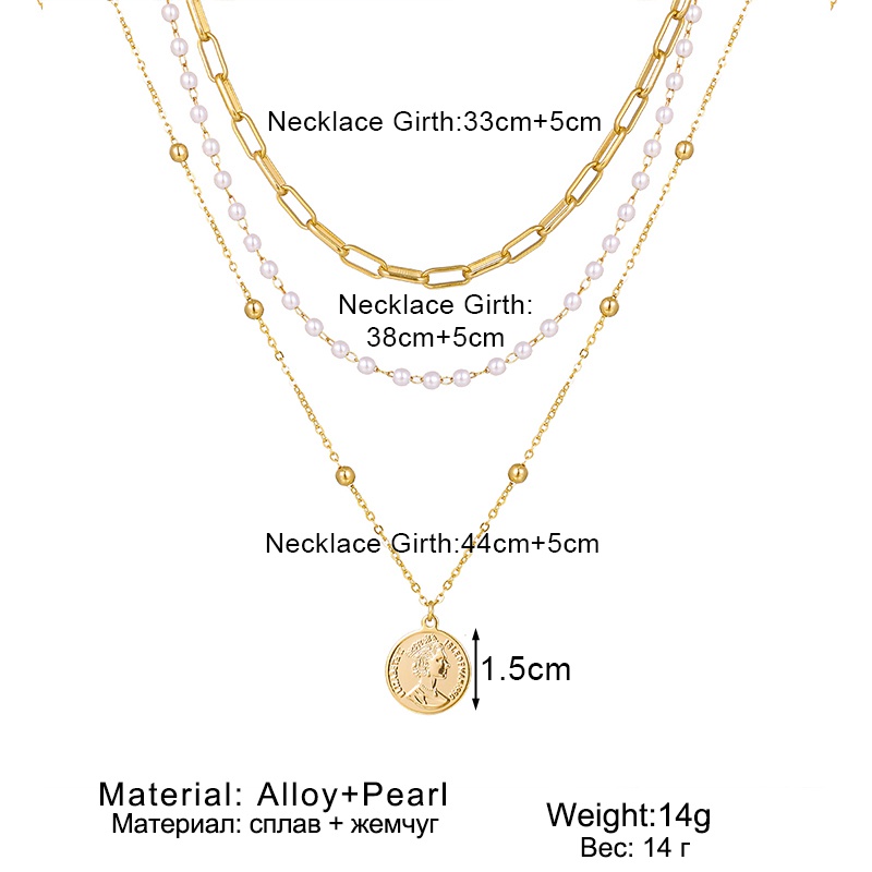 Multilayer Elegant Gold Necklace Pearl Fashion Pendant Portrait Chain Women Jewelry Accessories