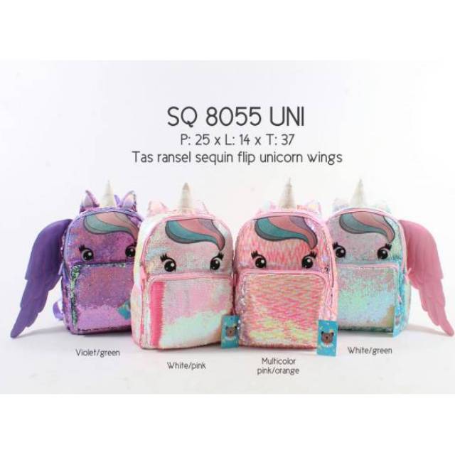 QUOKKA Backpack Tas Ransel Sequin Flip Unicorn Bisa Berubah Warna 8140 8055