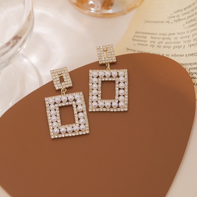 S925 murah hati anting-anting penuh Diamond Pearl rectangular berongga anting-anting-anting-anting y