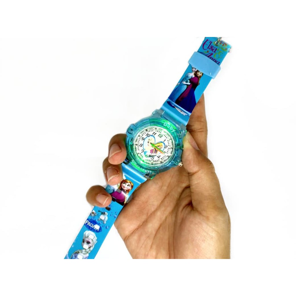 Limited! JAM TANGAN ANAK KARAKTER FROZEN ELSA ANNA LAMPU ANALOG LED