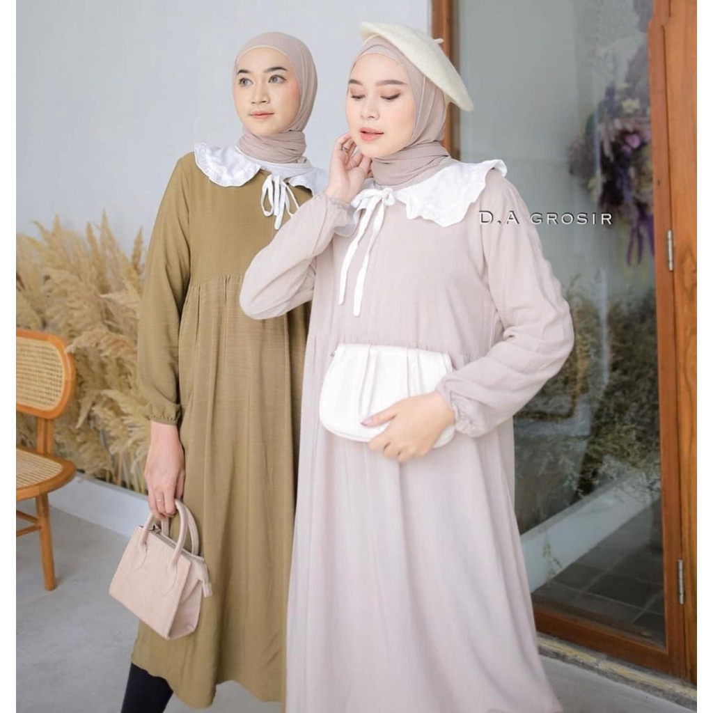 Midi Dress Wanita Bahan CRINKLE PREMIUM Terbaru 2022 Kerah Putih Tali