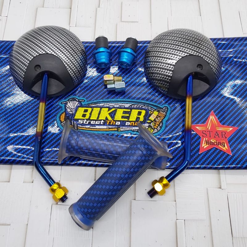 spion bulat Scoopy Carbon twotone+kulit jok biker+handgrip Carbon+Jalu stang universal motor Honda