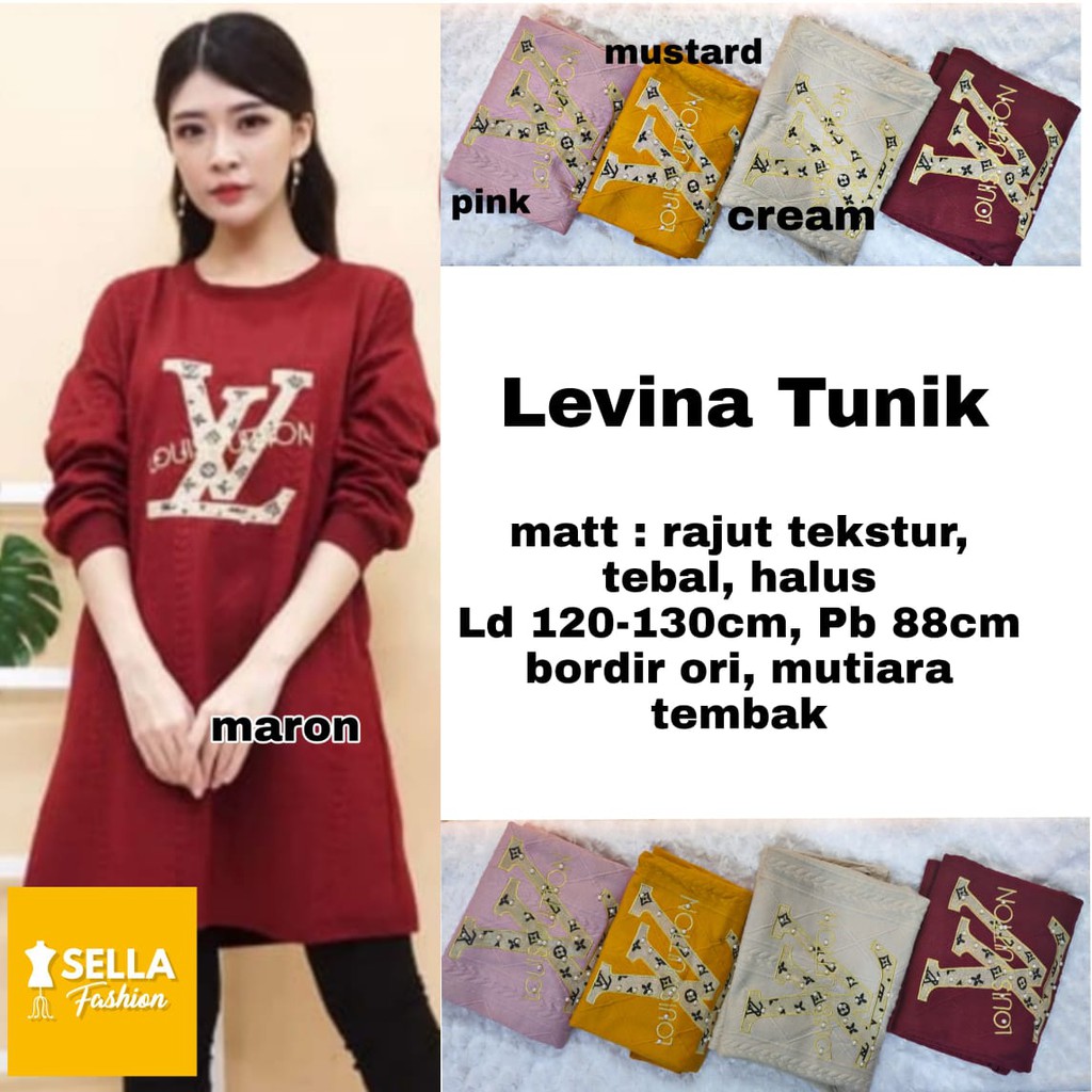 Levina Tunik by Sella Fashion Rajut tekstur Bordir LV Bigsize Baju Hangat