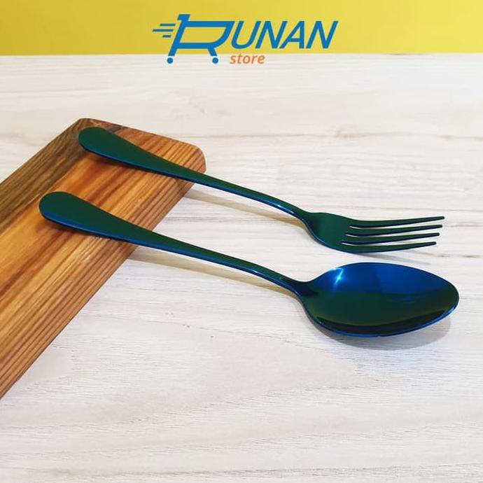 Sendok Garpu Korea Set Sendok Makan Stainless Steel Warna Biru Blue