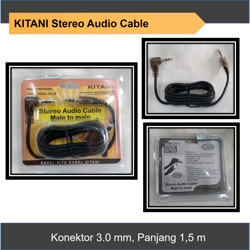 Kabel Stereo audio male KITANI Panjang 1,5 m konektor 3 mm aux ampli mobil hp gadget tablet