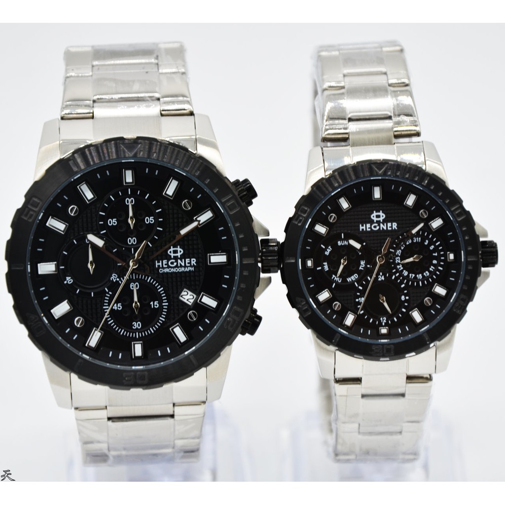 Premium (RRW) Jam Couple Hegner 5034 Silver Ring Hitam Original Distributor Termurah