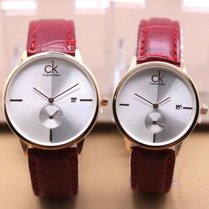 Jam Tangan Couple / Pasangan Ck Couple SK445 Leather Red Rosegold