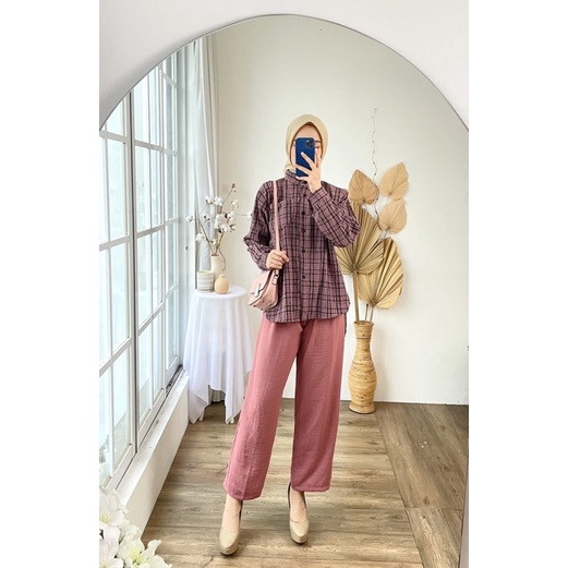 ONE SET CEY CRINKLE JUMBO STELAN SASYA KOTAK MOTIF KERAH KANCING BUSUI XXL BIGSIZE PGMTA GROSIR