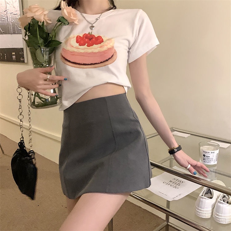 T-shirt pacar mahasiswa pendek rasa krim kue dicetak musim panas atasan longgar lengan pendek wanita