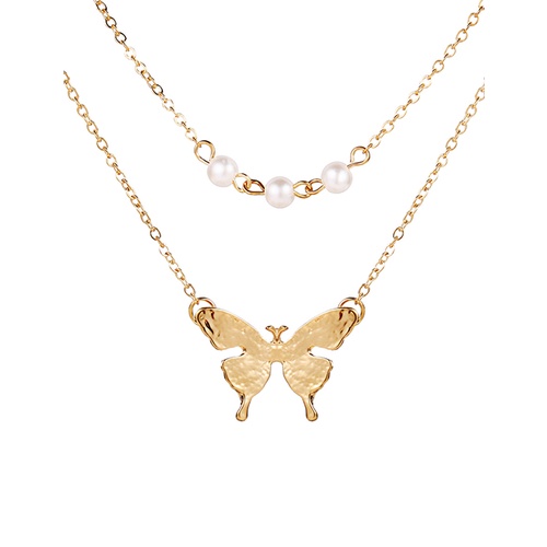 LRC Kalung Fashion Golden Imitation Pearl Butterfly Alloy Double K50060