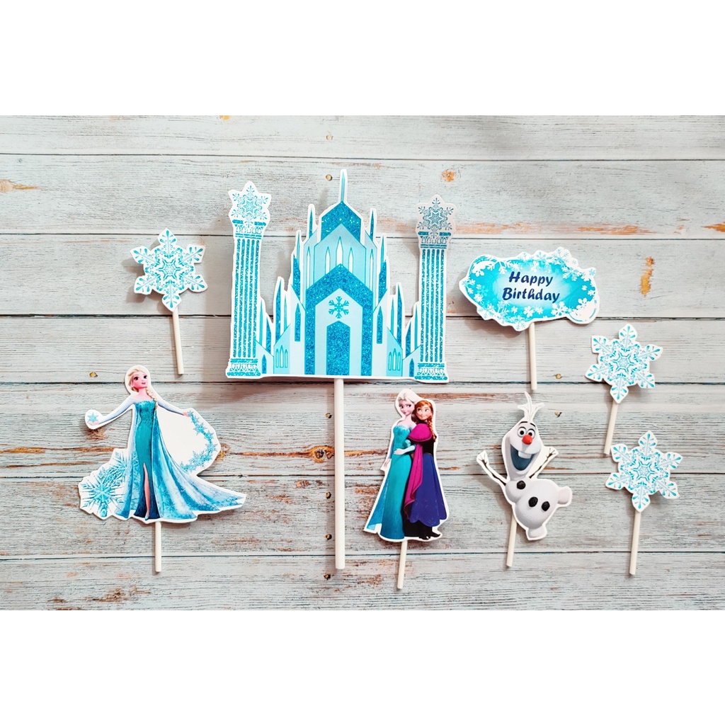 satu set cake topper hiasan kue ulang tahun karakter FROZEN dengan istana es